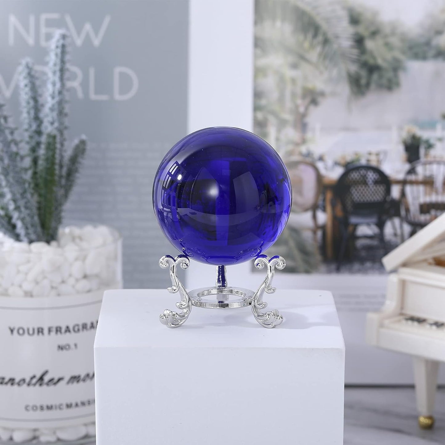 Crystal Blue Crystal Ball with Silver Crystal Ball Bracket and Gift Box for Decorative Ball, Photography Sphere, Lensball, Gazing Divination, Fortune Telling Ball (Blue, 60MM)