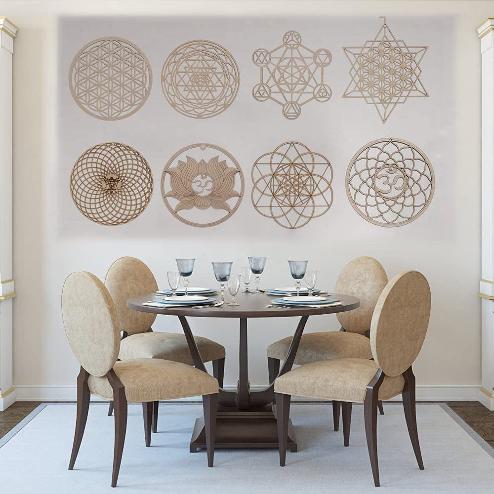 Chakras Wall Decor Sacred Geometry Wall Art Set Lotus Flower of Life Crystal Grid Wooden Islamic Art Symbol Meditation Decor Yoga Spiritual Decor Housewarming Gift Pooja Items Hamsa Wall Decor (8 Pcs)
