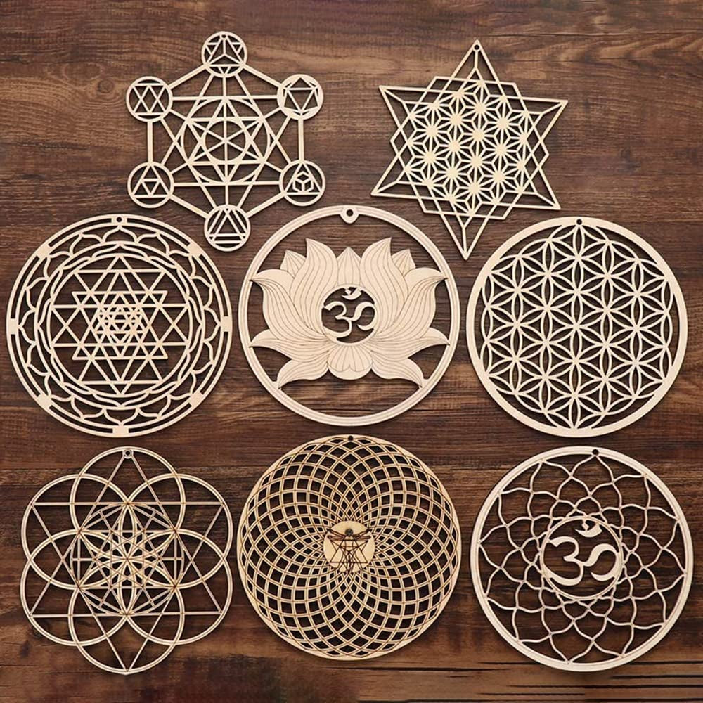 Chakras Wall Decor Sacred Geometry Wall Art Set Lotus Flower of Life Crystal Grid Wooden Islamic Art Symbol Meditation Decor Yoga Spiritual Decor Housewarming Gift Pooja Items Hamsa Wall Decor (8 Pcs)
