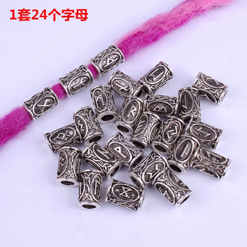 10Pcs 24 Designs Viking Runes Set Loose Beads Spacer Beads Fit Beards or Hair TIWAZ TYR Sol Rune Odal Futhark Rune DIY Jewelry
