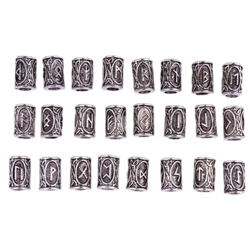 10Pcs 24 Designs Viking Runes Set Loose Beads Spacer Beads Fit Beards or Hair TIWAZ TYR Sol Rune Odal Futhark Rune DIY Jewelry