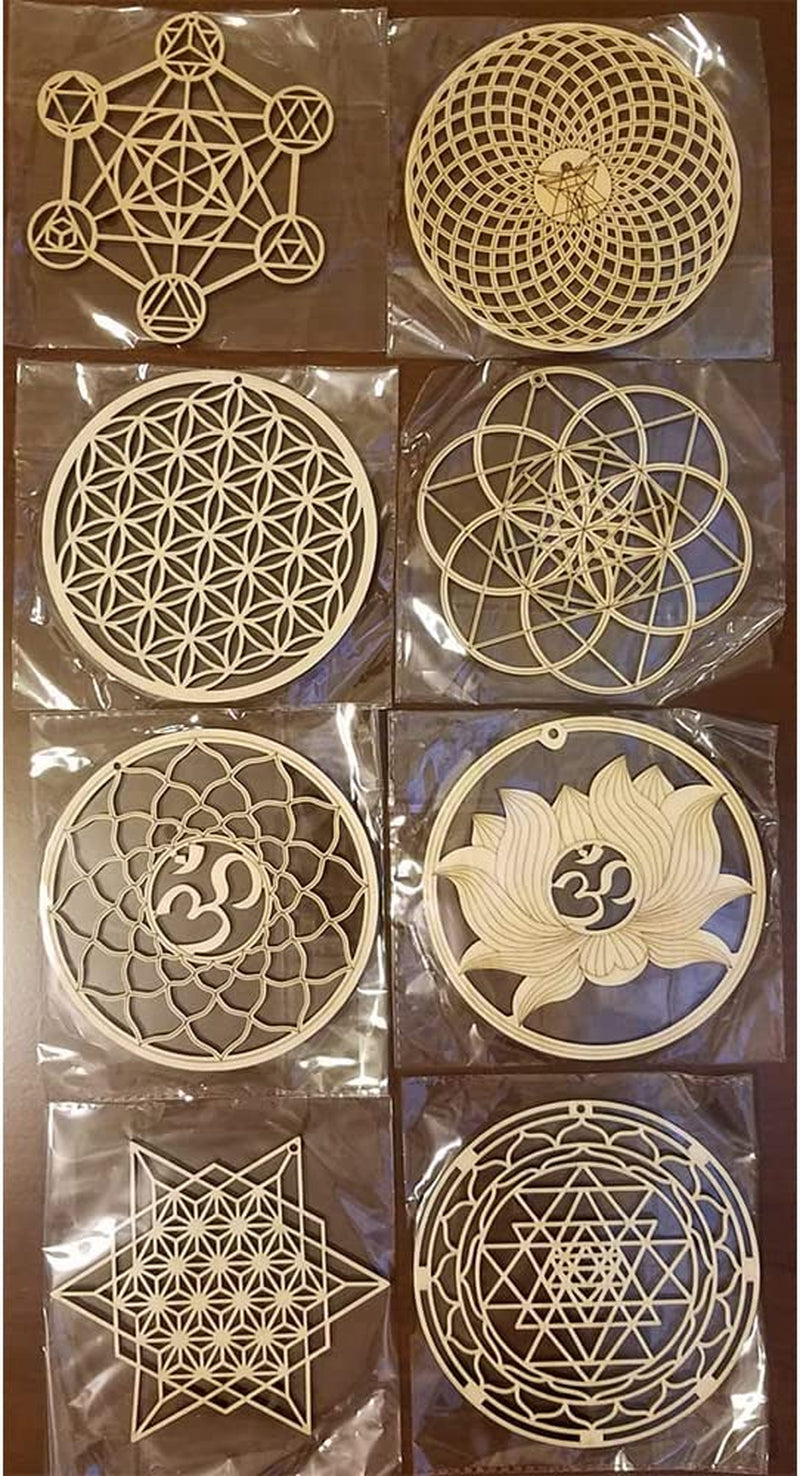 Chakras Wall Decor Sacred Geometry Wall Art Set Lotus Flower of Life Crystal Grid Wooden Islamic Art Symbol Meditation Decor Yoga Spiritual Decor Housewarming Gift Pooja Items Hamsa Wall Decor (8 Pcs)