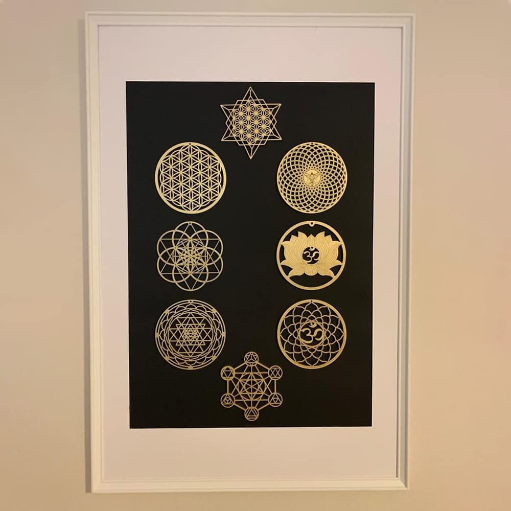 Chakras Wall Decor Sacred Geometry Wall Art Set Lotus Flower of Life Crystal Grid Wooden Islamic Art Symbol Meditation Decor Yoga Spiritual Decor Housewarming Gift Pooja Items Hamsa Wall Decor (8 Pcs)