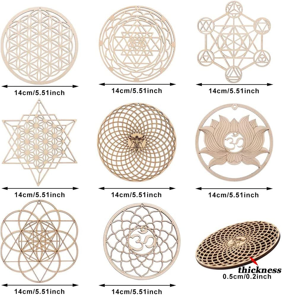 Chakras Wall Decor Sacred Geometry Wall Art Set Lotus Flower of Life Crystal Grid Wooden Islamic Art Symbol Meditation Decor Yoga Spiritual Decor Housewarming Gift Pooja Items Hamsa Wall Decor (8 Pcs)