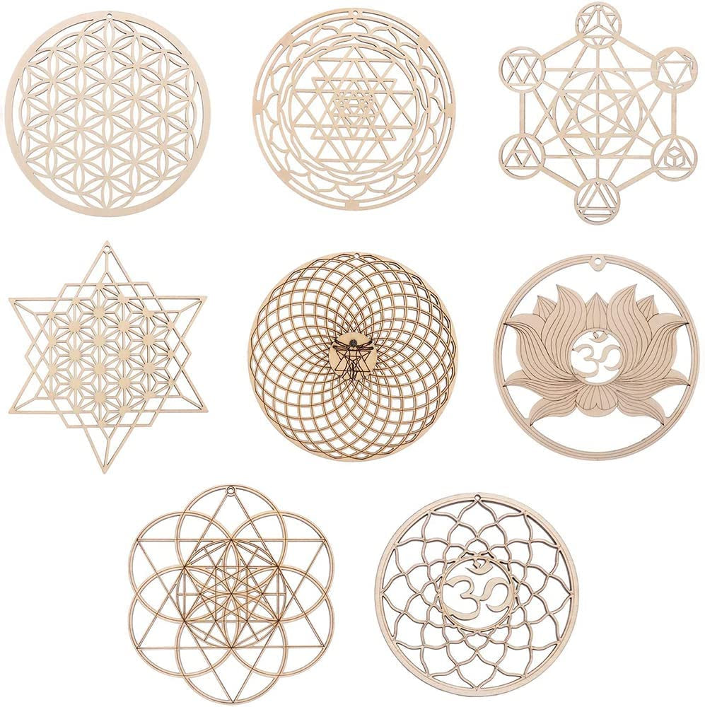 Chakras Wall Decor Sacred Geometry Wall Art Set Lotus Flower of Life Crystal Grid Wooden Islamic Art Symbol Meditation Decor Yoga Spiritual Decor Housewarming Gift Pooja Items Hamsa Wall Decor (8 Pcs)