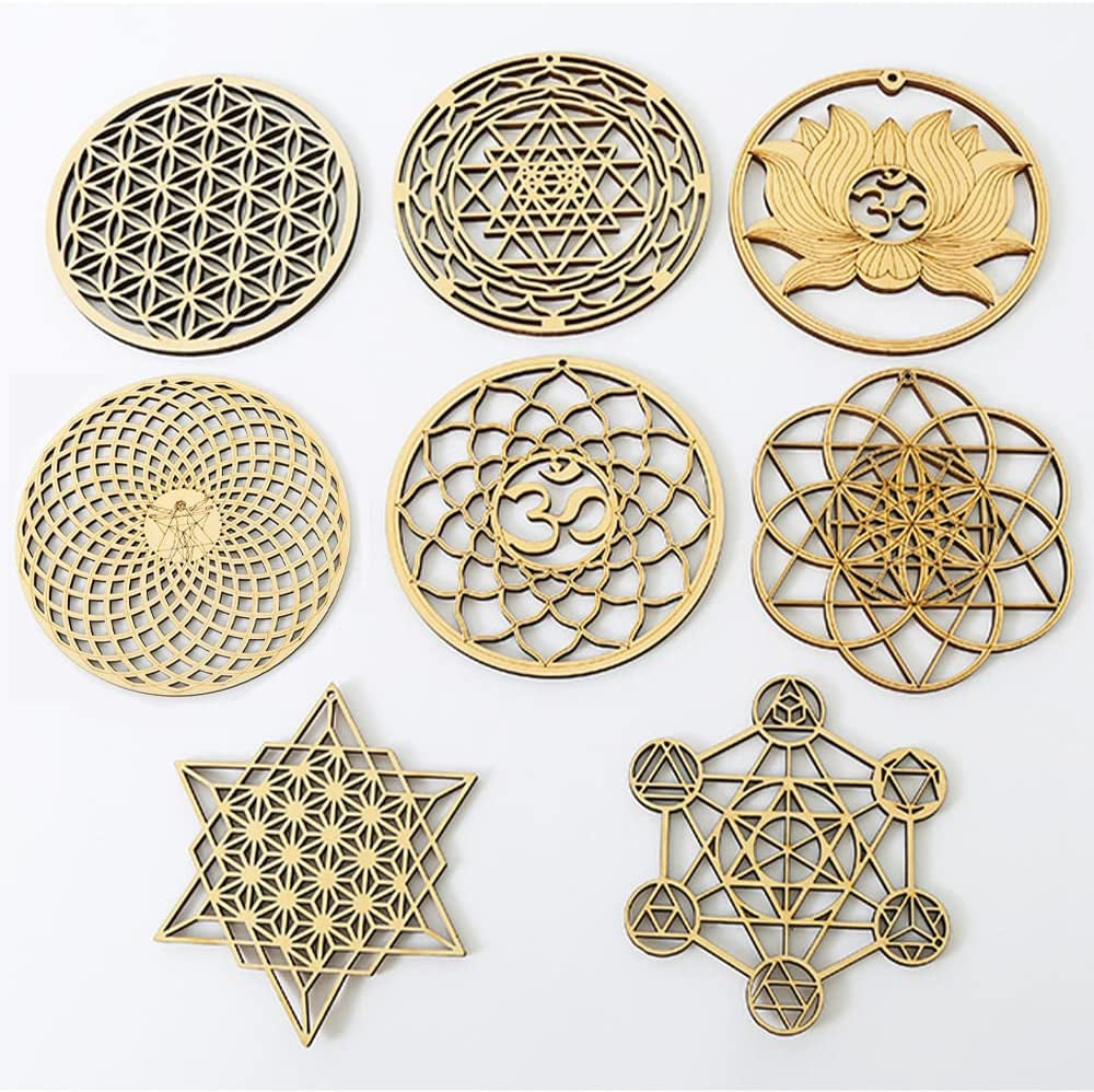 Chakras Wall Decor Sacred Geometry Wall Art Set Lotus Flower of Life Crystal Grid Wooden Islamic Art Symbol Meditation Decor Yoga Spiritual Decor Housewarming Gift Pooja Items Hamsa Wall Decor (8 Pcs)