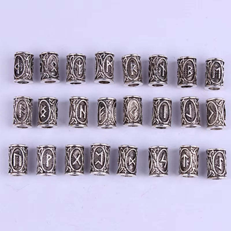 10Pcs 24 Designs Viking Runes Set Loose Beads Spacer Beads Fit Beards or Hair TIWAZ TYR Sol Rune Odal Futhark Rune DIY Jewelry