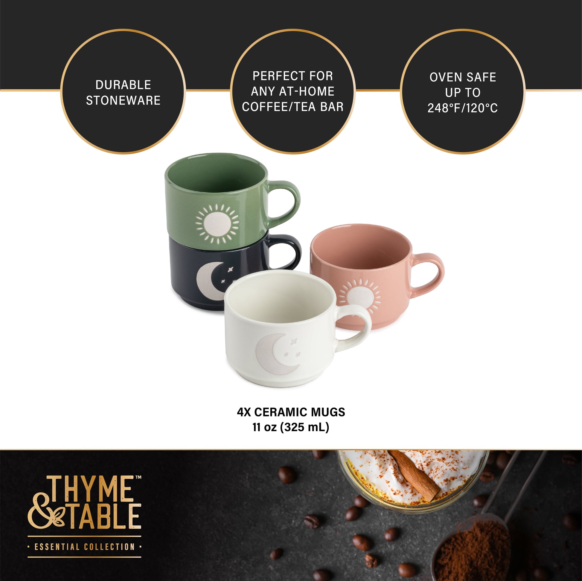Stackable Ceramic Celestial Coffee Mug, 11 Fl Oz, 4-Pack