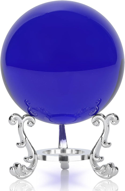 Crystal Blue Crystal Ball with Silver Crystal Ball Bracket and Gift Box for Decorative Ball, Photography Sphere, Lensball, Gazing Divination, Fortune Telling Ball (Blue, 60MM)