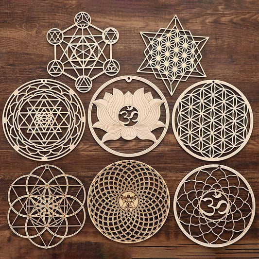 Chakras Wall Decor Sacred Geometry Wall Art Set Lotus Flower of Life Crystal Grid Wooden Islamic Art Symbol Meditation Decor Yoga Spiritual Decor Housewarming Gift Pooja Items Hamsa Wall Decor (8 Pcs)