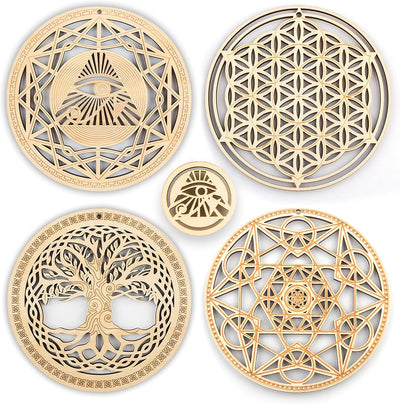 5.31" Sacred Geometry Wall Art 4 PCS Set, (The Eye of Horus, the Flower of Life, the Tree of Life, Metatron'S Cube) Crystal Grid Meditation Chakra Wooden Wall Art Yoga Decor Spiritual Gifts